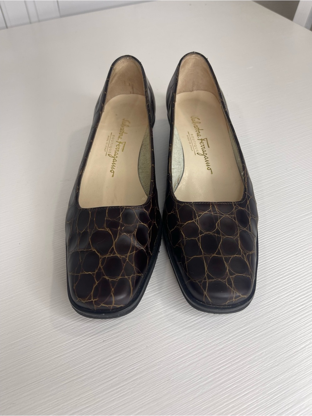 Salvatore Ferragamo Dark Brown Croc-Embossed Leather Wedge Loafers Made in Italy